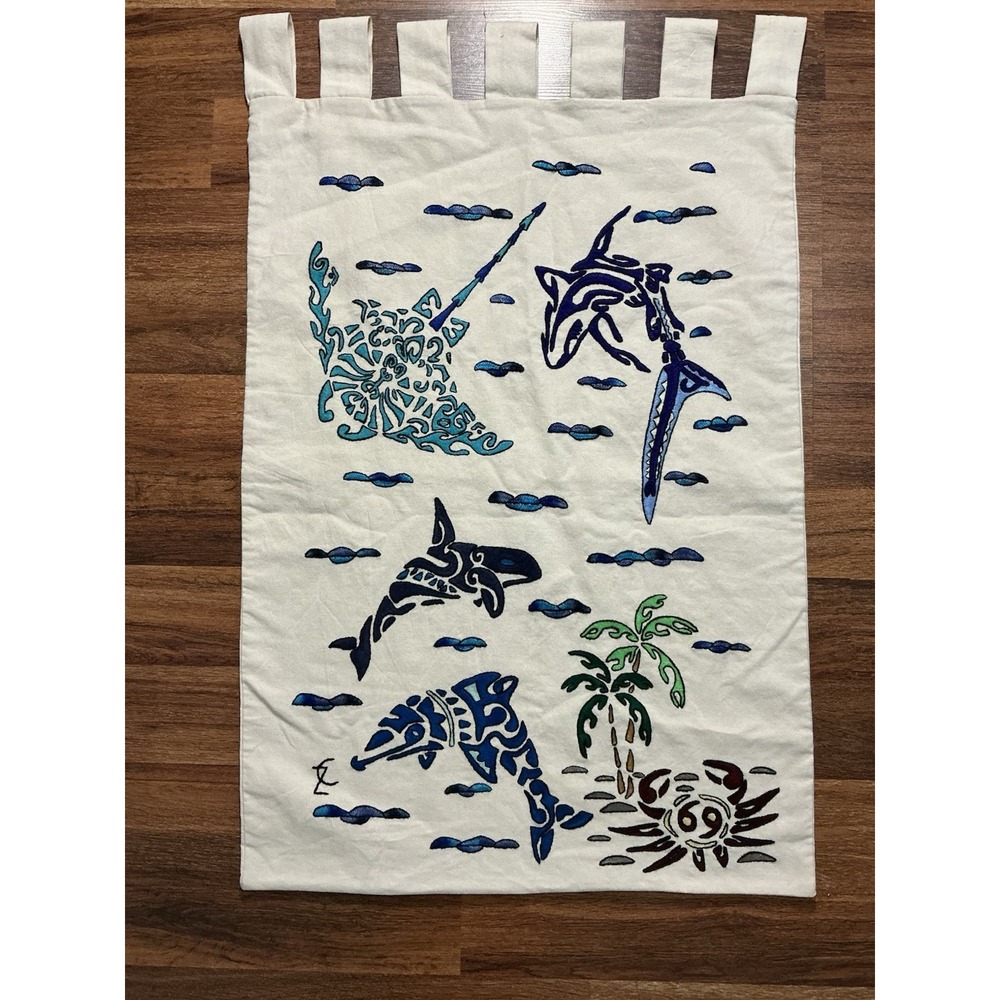 Embroidered Wall Hanging Tribal Style Marine Life 34in X 22in